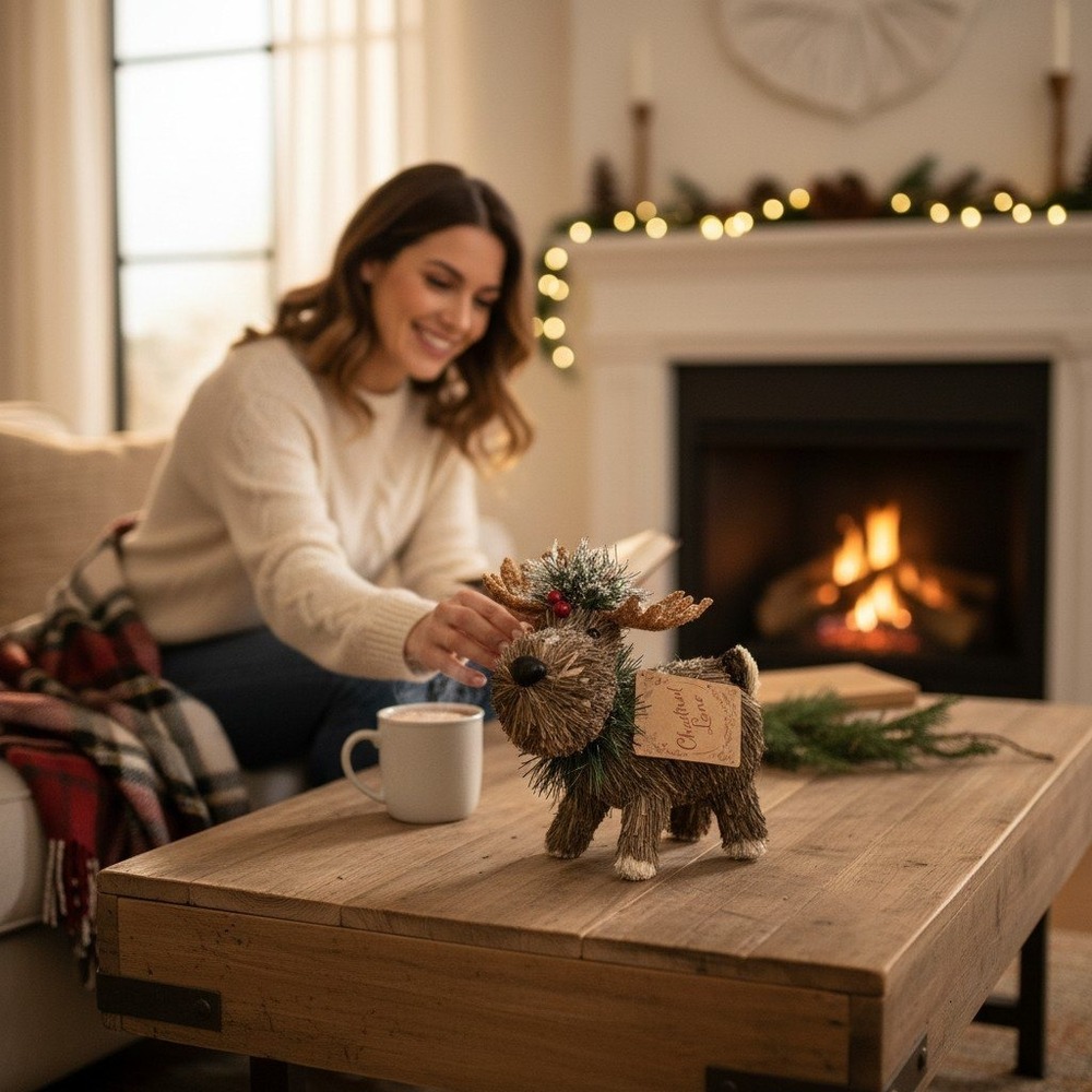 Chestnut Lane Reindeer Figurine Unisex OS Brown Brand New Sisal Glitter Rustic